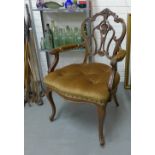 Open armchair with pierced splat and gold velour button upholstered seat together with a matching