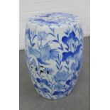Blue and white pottery verandah stool of barrel form, with bird and leaf pattern, 48 x 30cm