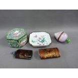 Hexagonal enamel box and cover, Chinese enamel dish, two lacquered inro and a Limoges porcelain