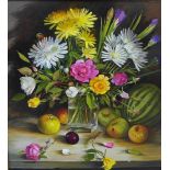 Edward Hasell McCosh, (b.1949) Vase of flowers with fruit - Still life, Oil on canvas, signed and