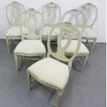 Set of six grey painted chairs with balloon style backs and lyre splats with upholstered slip in