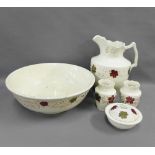 Staffordshire ironstone toilet set, with floral pattern, comprising a basin, ewer, two small vases