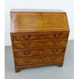 Mahogany and satinwood inlaid secretaire chest, the fall front with a classical urn and ribbon