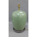 Celadon glazed craquelure table lamp base, on a wooden base, 35cm high excluding fitting