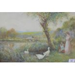 Dudley King, The Goose Girls, Gouache, signed, in a glazed and silver giltwood frame, 45 x 30cm