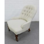 Modern button back bedroom chair, smartly upholstered in beige linen fabric, 78 x 59cm