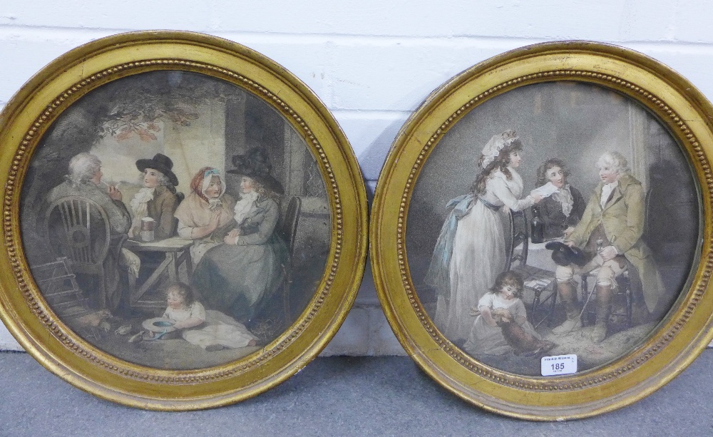 After George Morland and pair of stipple engraved coloured prints,in circular glazed giltwood frame,