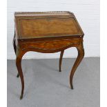 French kingwood and parquetry Bureau De Dame, with a brass three quarter gallery to top over a
