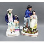 Staffordshire pottery 'Grandfather' figure group and another of a male and female group, on