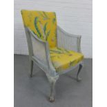 French style grey painted armchair with yellow and green leaf upholstered back and seat, cane work