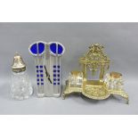 Mackintosh style mantle clock, brass desk inkwell, Epns and glass sugar castor, (3)