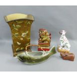Mixed lot to include a chinoiserie waste paper bin, pottery fish jug, giltwood temple dog and an