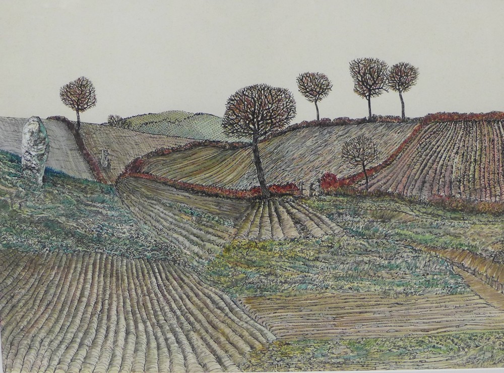 Edward H Chiswall, Ink sketch / drawing of ploughed fields, signed and dated '77, in a glazed frame,
