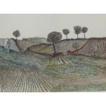 Edward H Chiswall, Ink sketch / drawing of ploughed fields, signed and dated '77, in a glazed frame,