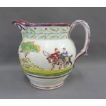 Sunderland lustre jug with fox hunt moulded pattern, hairline crack to body and a star crack in