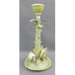 Anna Lambert studio pottery candlestick the base surmounted with three chickens, signed to the base,