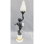 Faux bronze figural table lamp base on a white hardstone column base, with opaque glass flame shaped