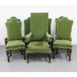 Set of seven green velour upholstered chairs, with high arched backs and dark oak legs and