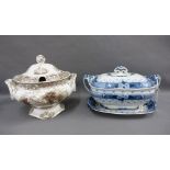 Staffordshire blue and white tureen, cover and stand and a Staffordshire transfer printed Crystal
