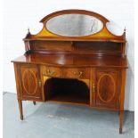 Mahogany and satinwood inlaid mirror back sideboard, with a central drawer over an open recess,