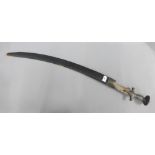 Indian Tulwar sword with curved blade and leather scabbard, blade length approx 70cm