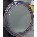 Art Deco style wall mirror with pink and blue coloured glass border, 75cm diameter