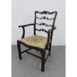 19th century ladderback open armchair with an upholstered slip in seat, 98 x 67cm