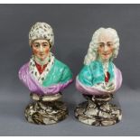 Staffordshire bust - Voltaire modelled on a marbled pottery socle base together with another of