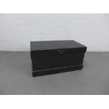 Vintage ebonised pine trunk with iron handles and drawer to the interior, 50 x 100cm