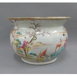 Chinese famille rose spittoon / chamber pot, handle lacking and large chip to the rim, 22cm diameter