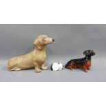 Beswick black and tan glazed Dachshund and another larger and a small black and white cat, largest