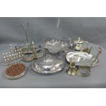 Carton of Epns wares to include bottle stands, swing handled basket, entree dish and flatwares,