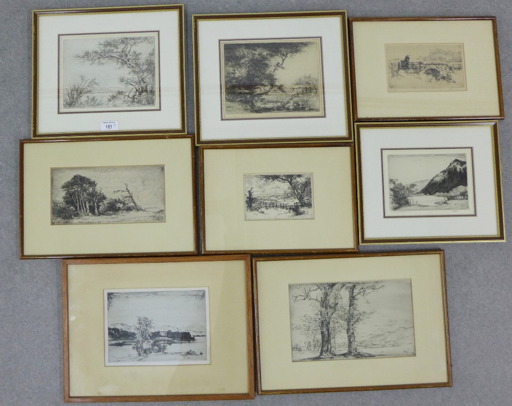 James Cadzow, (1881 - 1941) a set of eight framed etchings and prints to include an Artists proof