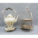 Epns two tier cake stand and an Epns spirit kettle on stand with its burner, tallest 36cm (2)
