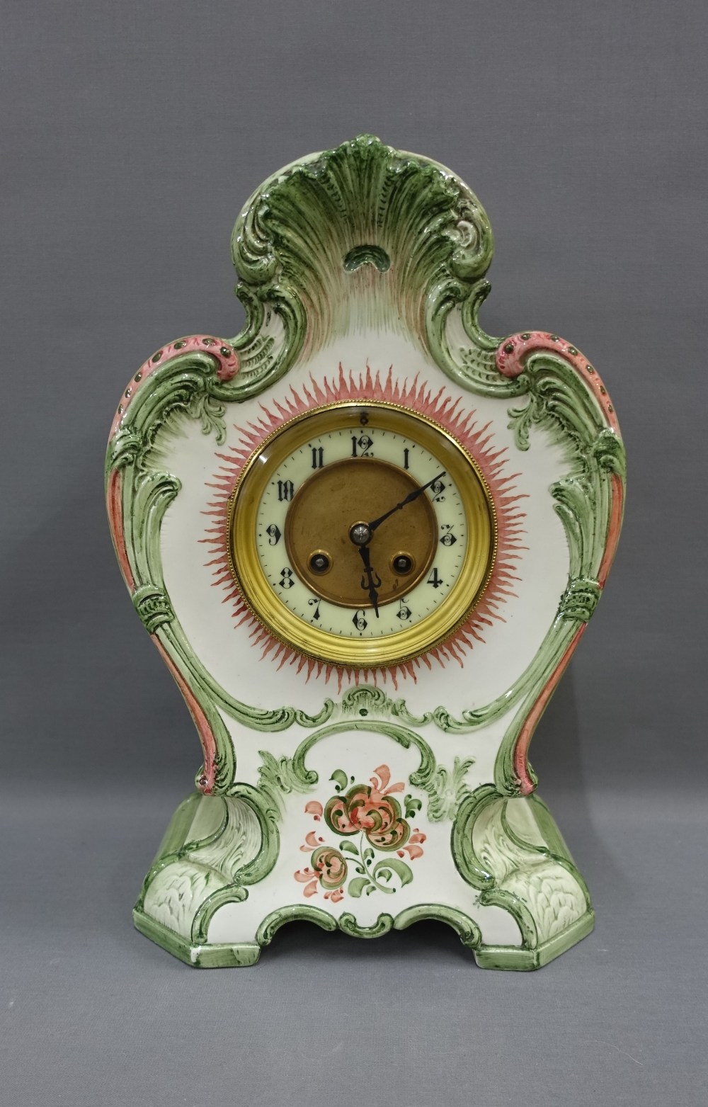Georg Schmider pottery mantle clock, the brass movement striking on a gong and numbered 36435,