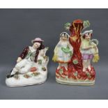 Staffordshire spill vase flatback group and a Staffordshire figure of a sleeping boy, tallest