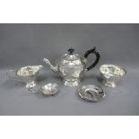 Epns three piece tea set and a tea strainer (4)