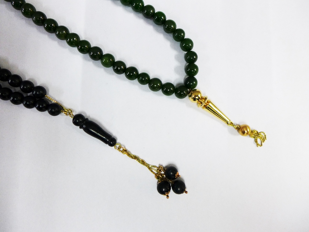 Two sets of Islamic Rosary prayer beads to include black onyx and nephrite with yellow metal spacers - Image 2 of 2