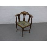 Mahogany and inlaid corner chair with vertical splats and upholstered seat on cabriole legs with a x
