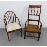 Highback oak / elm open armchair with solid seat together with a mahogany vertical splat back