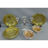 Epns candelabra, three brass bowls and a pair of wine slides, (6)