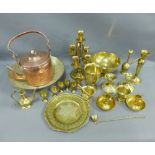 Carton containing Middle Eastern brass and copper wares, to include scales, candlesticks, tray and