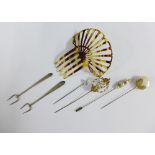 Two Birmingham silver pickle forks, a tortoiseshell hair slide and various hatpins (a lot)