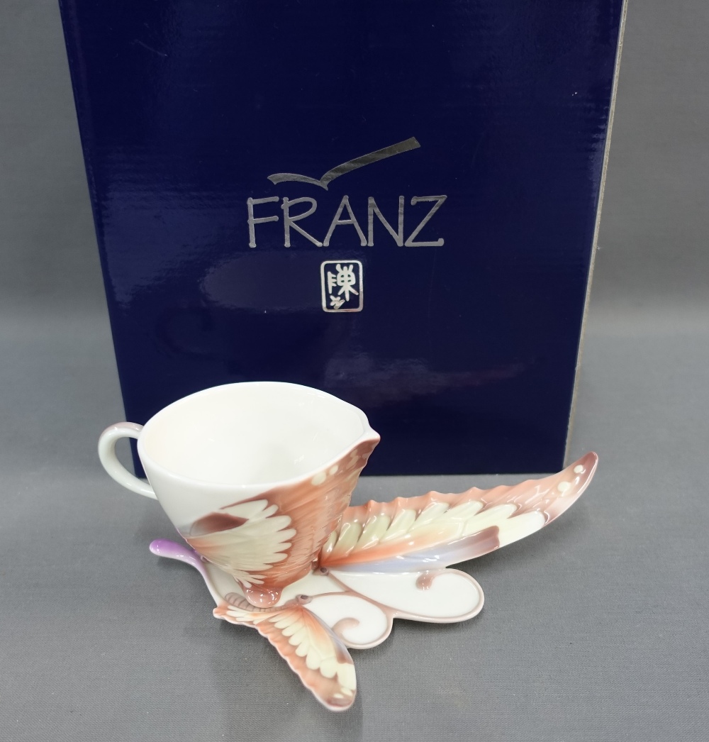 Franz porcelain butterfly cup and saucer designed and sculpted by Jen Woo, boxed