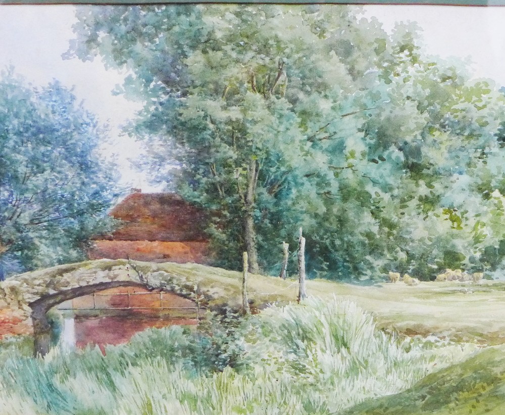 Bridge & cottage Scene, watercolour, apparently unsigned, under glass in an ornate frame, 47 x 41cm