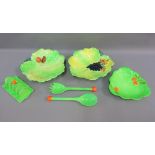 Carlton Ware leaf and fruit moulded pottery to include salad servers, toast rack and dishes, etc (6)