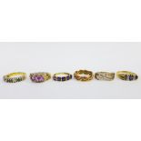 A collection of six 9ct gold gemset dress rings (6)