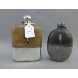Drew & Sons of London leather covered glass hip flask with Epns mounts and a pewter and leather