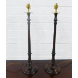 Contemporary pair of turned mahognay table lamps on circular base, 59cm High (2)