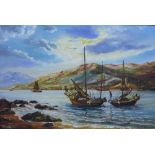 20th century school, fishing boats, oil on canvas, signed indistinctly, in a giltwood frame, 74 x